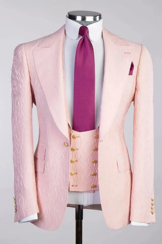 Marvin Stylish Pink Peaked Lapel Three Pieces Jacquard Slim Fit Men Suits