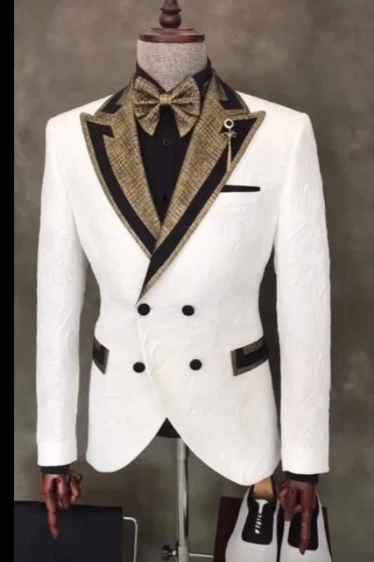 Noah New Arrival White Jacquard Double Breasted Prom Men Suits With Brown Peaked Lapel