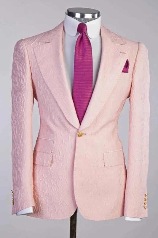 Marvin Stylish Pink Peaked Lapel Three Pieces Jacquard Slim Fit Men Suits