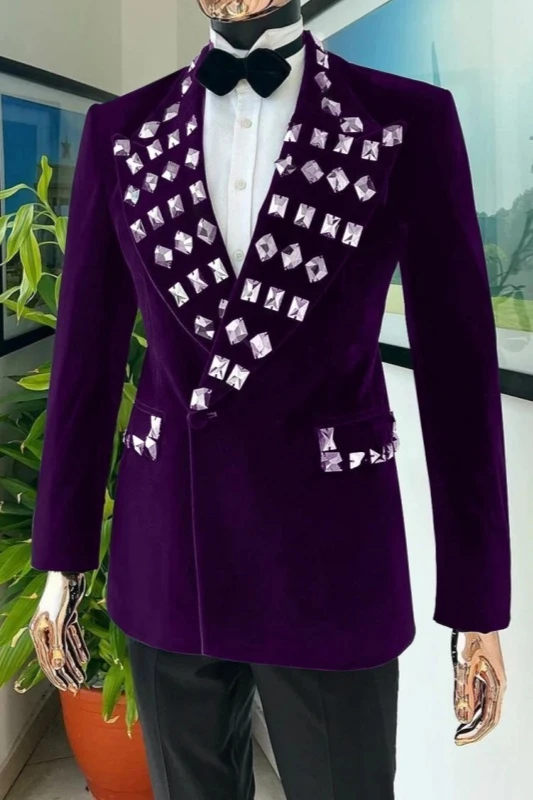Lloyd Fashion Dark Purple Velvet Peaked Lapel Prom Men Suits With Rhinestones