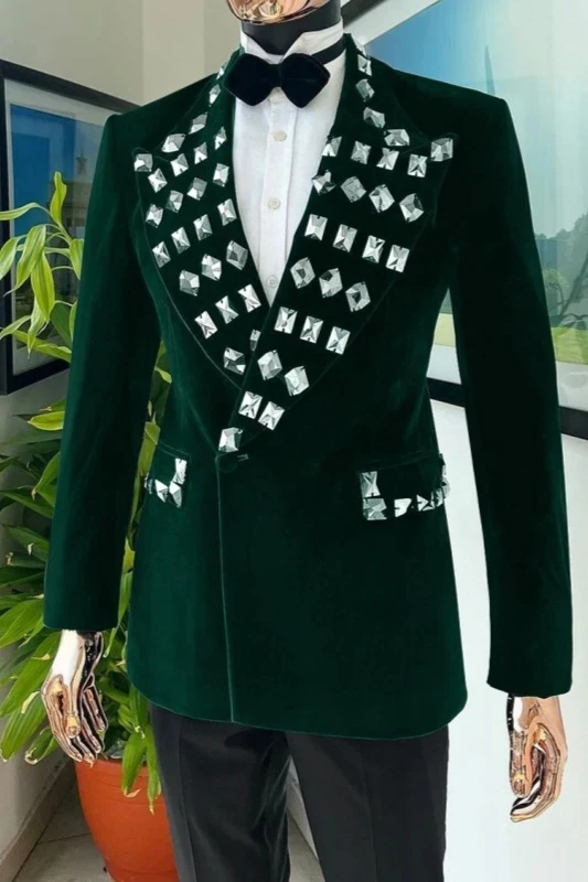 Kyle Fashion Dark Green Velvet Peaked Lapel Prom Men Suits With Rhinestones
