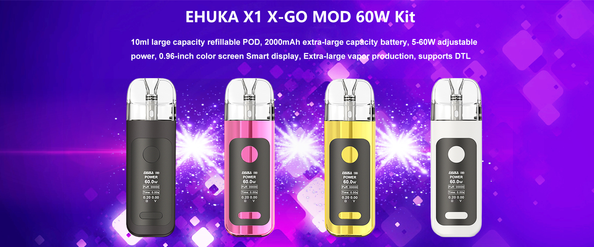 EHUKA X1 XGO MOD 10ml large capacity refillable POD 2000mAh capacity battery 5-60W adjustable power