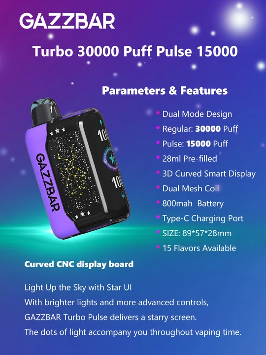 GAZZ BAR Turbo 30k 30000 Puff Disposable Vape Dual Mode Pulse X 15000 15K More Advanced Controls