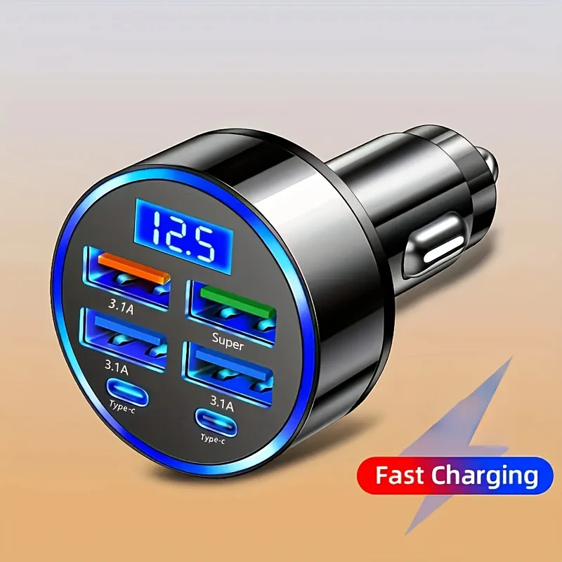 Car Charger Fast Charging 2 PD with 4 USB Digital Display Car Fast Charger 6-In-1 Mobile Charger Head 7A Auto Phone Adapter Auto Accessories
