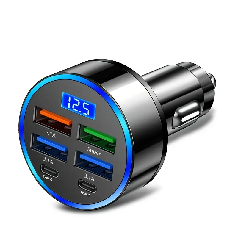 Car Charger Fast Charging 2 PD with 4 USB Digital Display Car Fast Charger 6-In-1 Mobile Charger Head 7A Auto Phone Adapter Auto Accessories