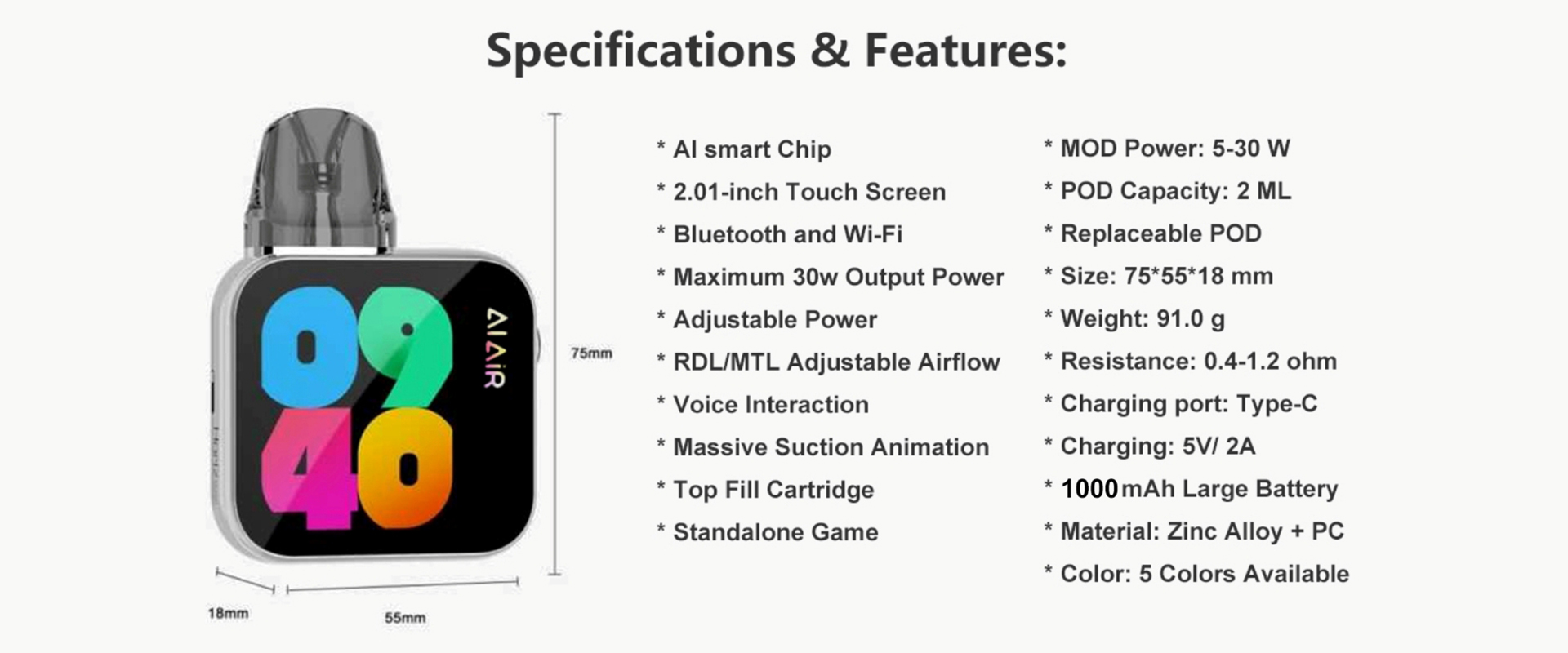 AlAlR Cyber Pro AI Vape kit 30W MOD Replaceable Refillable Cartridge POD E Cigarette Smart Display