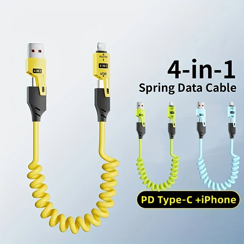 65W Multi-Functional Four-in-One USB-C Retractable Cable, PD Super Fast Charging and Data Sync, Silicone Material, Multi-Port Charging with Indicator Light, Suitable for Charging iPhone, iPad, Samsung, Xiaomi, Huawei, OPPO, and More Phones
