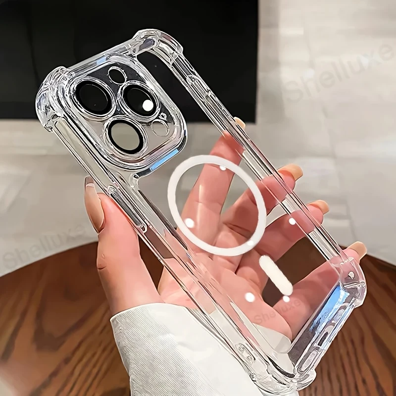 New Premium Magnetic Wireless Charging Phone Case, Transparent Shock-Resistant Hard Shell, Compatible with for iphone 16, 15, 14, 13, 12 Pro Max Plus, Featuring a Lens Protector And Four-Corner Shockproof Armor Clear Cover, Ideal for Daily Use.