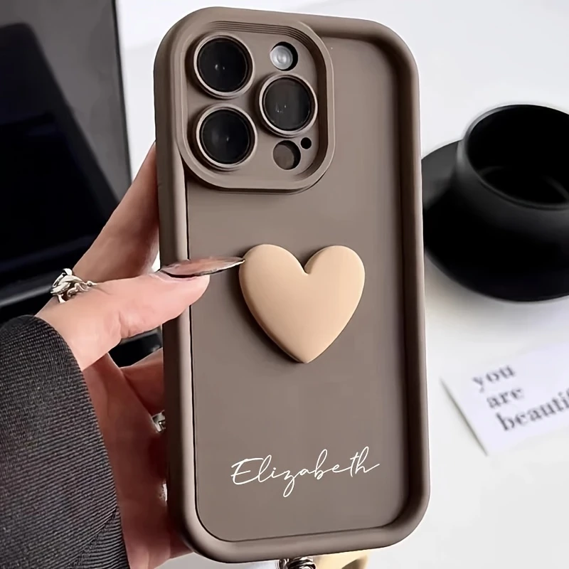 Personalized Custom Big Letters Customized Name Minimalist Anti Fall Phone Case Compatible With iPhone 17 16 15 14 13 12 11 Pro Max Luxury Acrylic 3D Love Heart Soft Pattern DIY Shockproof Gift Cover 14 15 16 Plus 17 Air