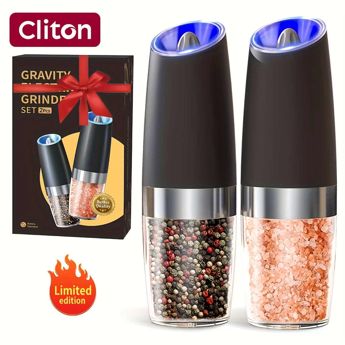 Gravity Electric Salt And Pepper Mill, Powerful Pepper Grinder, Tilt to Grind Automatically, Battery Powered, Coarseness Adjustable, Upgraded Large Capacity, Easy to Clean, One-Hand Operation, Kitchen Essentials, LED Light, Gift Ideas