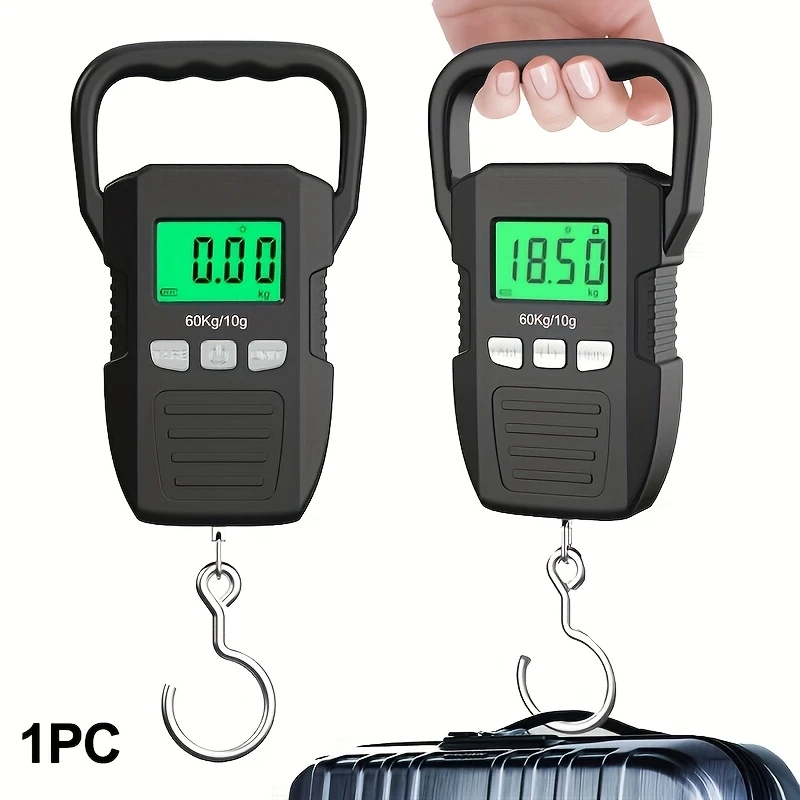 Heavy-Duty Digital Hanging Scale 132lb/60kg with Backlit LCD Display, Large Hook & Tare Function - Portable Luggage, Fishing, Postal Scale, kg/lb Measurement, Stainless /Plastic, - (Low Voltage)