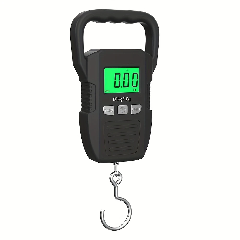 Heavy-Duty Digital Hanging Scale 132lb/60kg with Backlit LCD Display, Large Hook & Tare Function - Portable Luggage, Fishing, Postal Scale, kg/lb Measurement, Stainless /Plastic, - (Low Voltage)