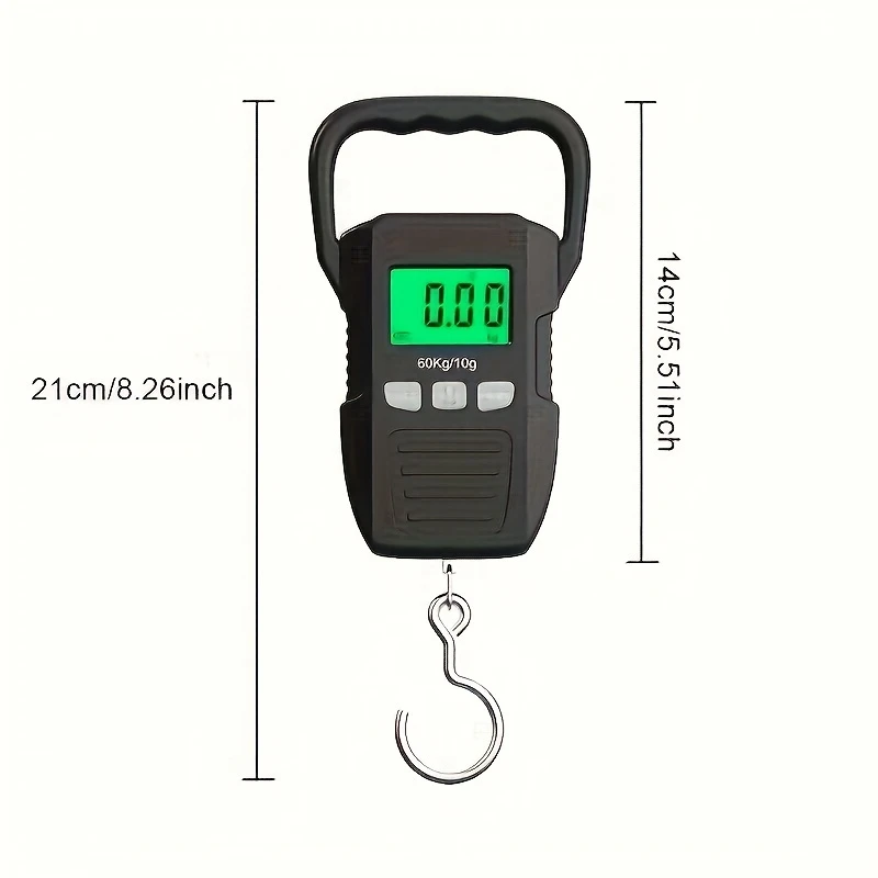 Heavy-Duty Digital Hanging Scale 132lb/60kg with Backlit LCD Display, Large Hook & Tare Function - Portable Luggage, Fishing, Postal Scale, kg/lb Measurement, Stainless /Plastic, - (Low Voltage)