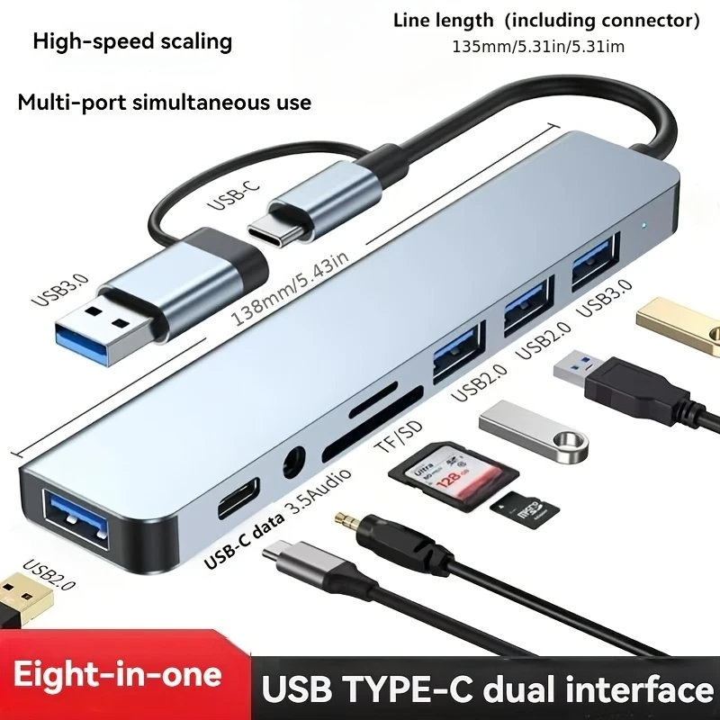 8-in-1 USB 3.0 Hub for Laptops & Desktops - Type-C Docking Station with Multi-Port Simultaneous Use, High-Speed Scaling, CD/TF Card Reader, Keyboard, Mouse, Hard Drive, and Fan Connections, Docking Station for Laptop