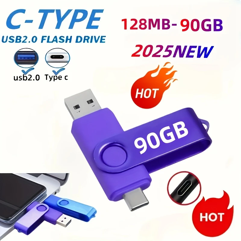 90GB/16GB/128MB USB C Flash Drive - Dual C-Type USB 2.0 High-Speed OTG Storage, Portable USB Drive with Colorful Design, Durable & Lightweight for Android Smartphones