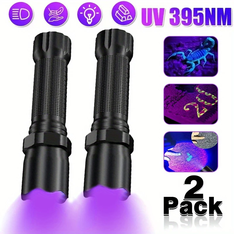2-Pack USB Rechargeable UV Flashlight, 395NM Ultraviolet Blacklight Detector for Pet Urine, Bed Bugs, Scorpions, Night Fishing, Resin Curing - Portable Mini Multifunction LED Torch with Lithium Battery