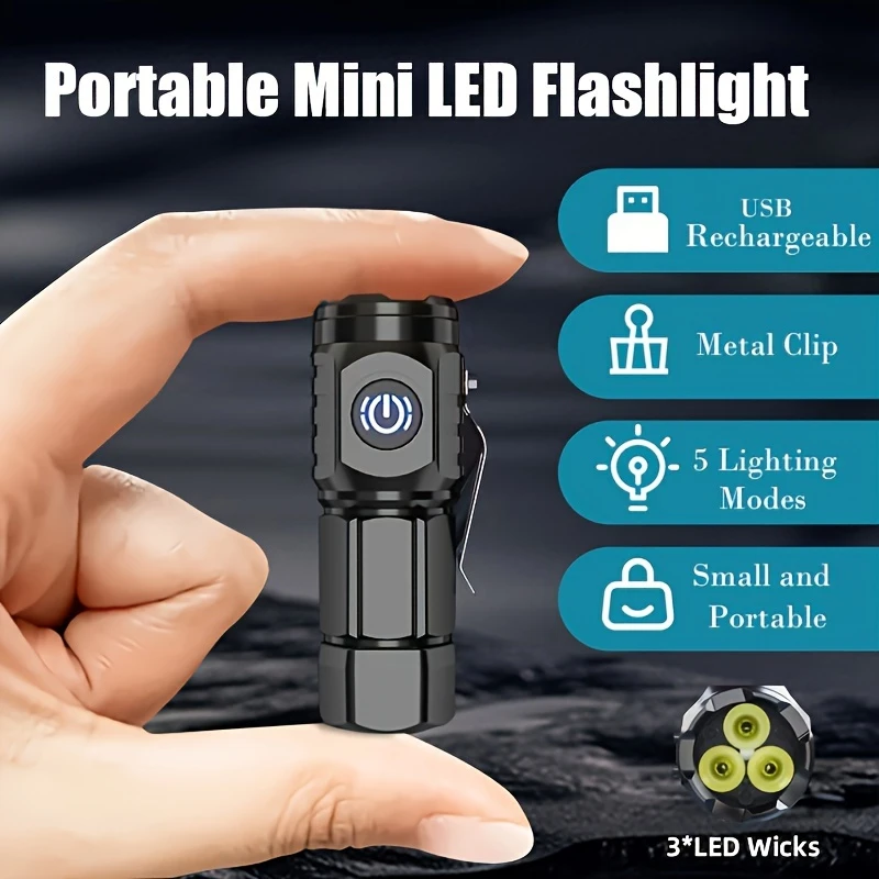Mini LED USB Rechargeable Flashlight, Frog Eye Lens, 3 LED Wicks, Five Lighting Modes, High Hardness ABS Material, Compact and Portable, Suitable for Nighttime Emergencies, Maintenance, Outdoor Adventures, etc