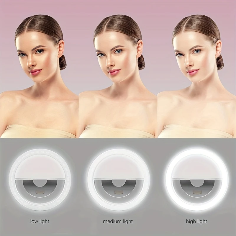LED Ring Light with Dual Power Mode, Warm White Light, 40Mah Polymer Lithium Battery, Portable Ring Light for Smartphone, Camera