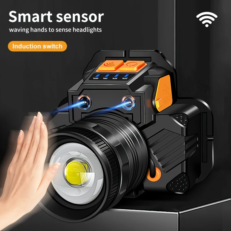 Tactical Sensor Headlamp with USB Charging, Built-in High Capacity Lithium Battery and Zoomable Focus for Outdoor Emergency Hiking Hunting Spotlight White Light Flood Searchlights, Camping Headlamp