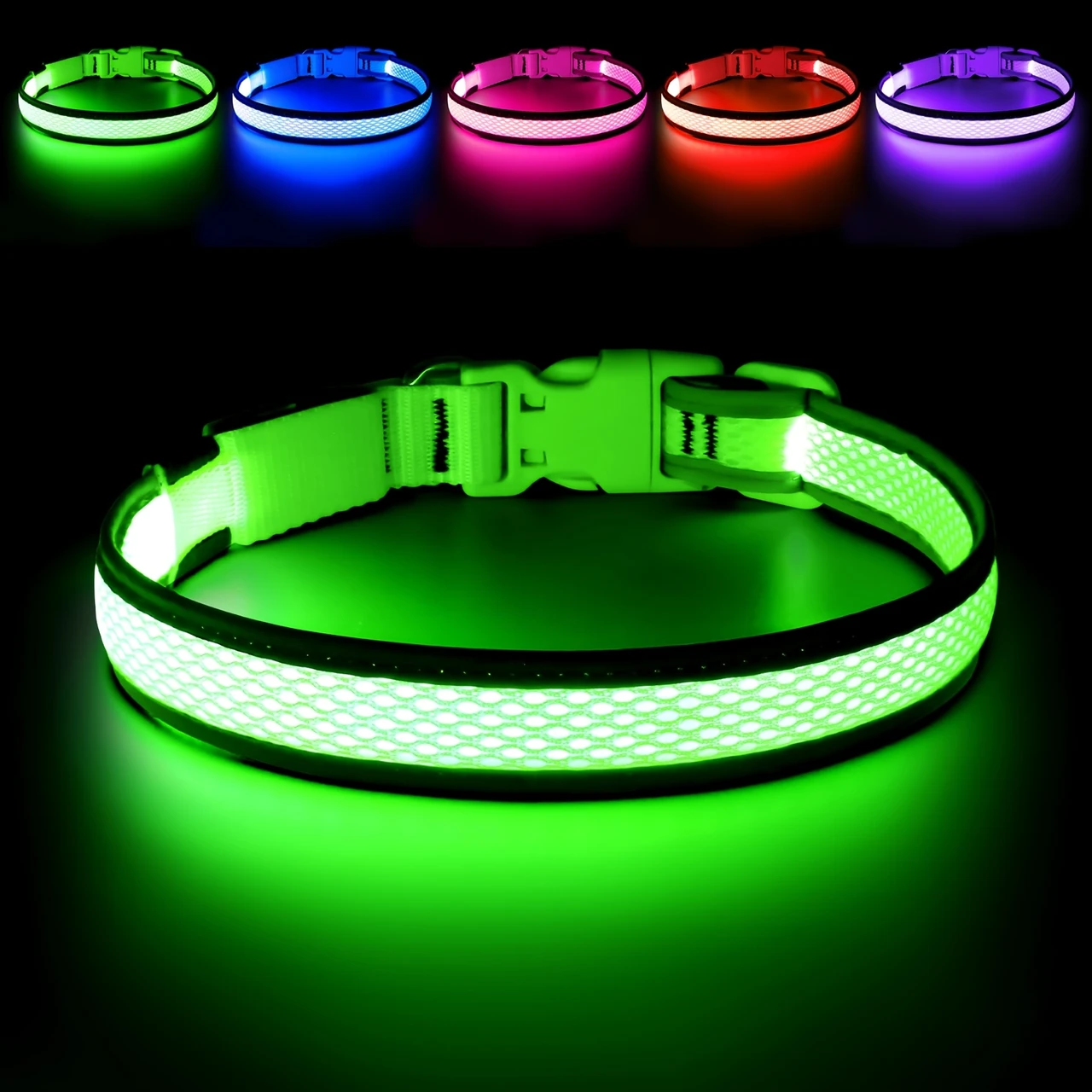 USB Rechargeable LED Dog Collar Lights - Adjustable Comfortable Soft Mesh Safety Collar for Small, Medium, Large Dogs, 6 Colorful Lights (, Green, Red, Yellow, ) with USB Charging, Durable & Stylish Design for Nighttime Visibility