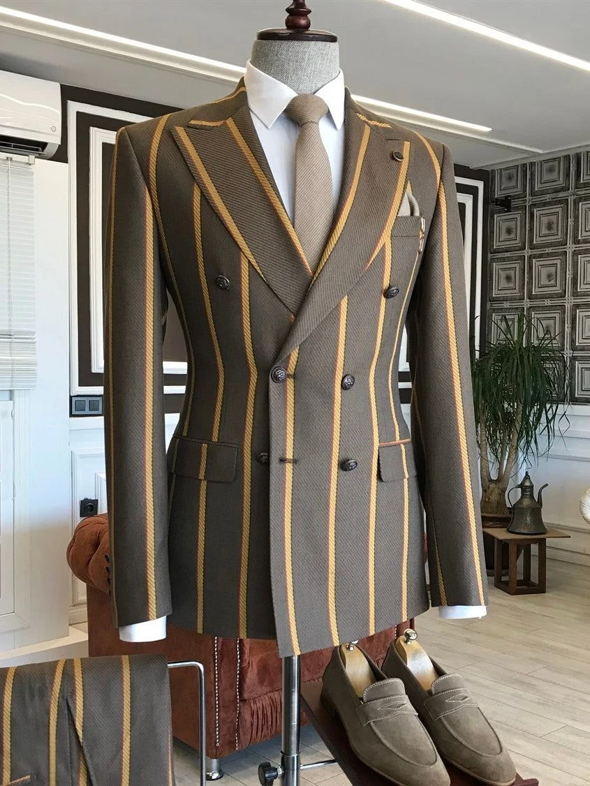 Jesse Chic Gray Peaked Lapel Double Breasted Striped  Men Suits For Prom