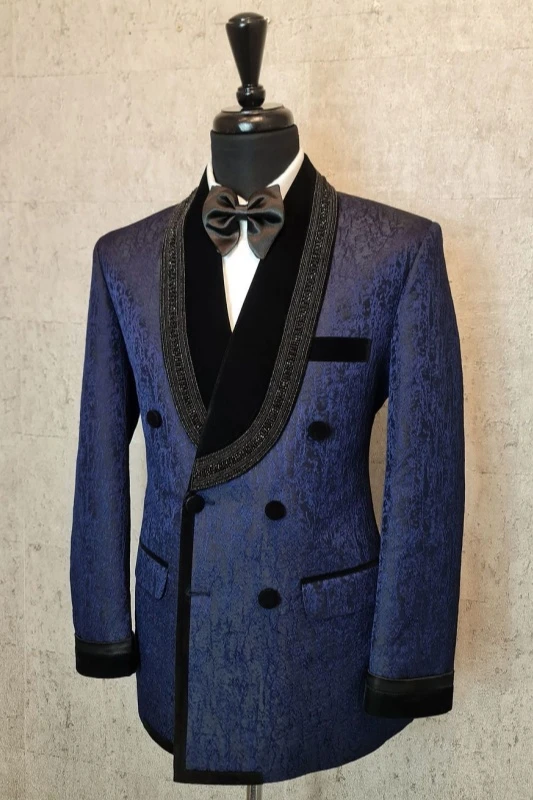 Mason Navy Blue Jacquard Shawl Lapel Double Breasted Wedding Men Suits