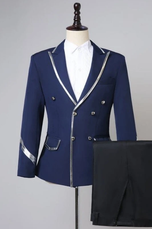 Noel Stylish Dark Navy Peaked Lapel Double Breasted Men Suits With Silver Edge