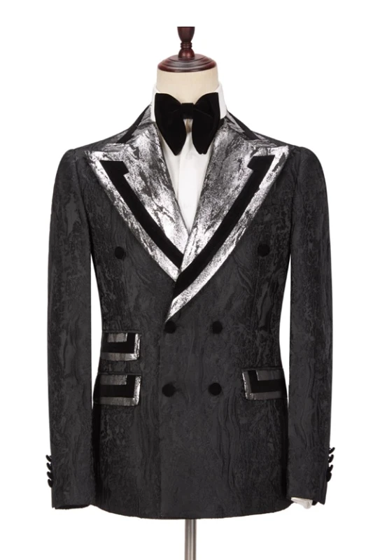 Theodore Newest Black Jacquard Double Breasted Men Suits With Silver Peaked Lapel