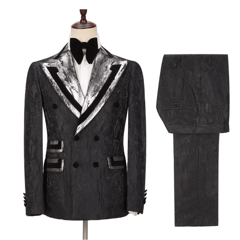 Theodore Newest Black Jacquard Double Breasted Men Suits With Silver Peaked Lapel