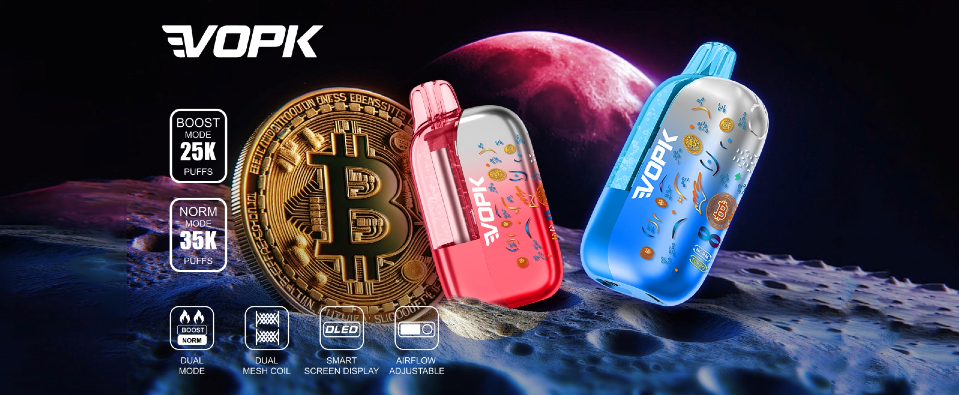 VOPK&nbsp;BTC&nbsp;35000 puff 25K Dual Mode Vape 22ml Visible E-liquid Level With Full-screen Smart Display