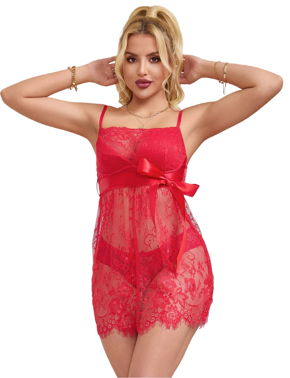 Sexy lingerie and sleepwear, paired with a thong, and a lace-trimmed nightgown.-R80456