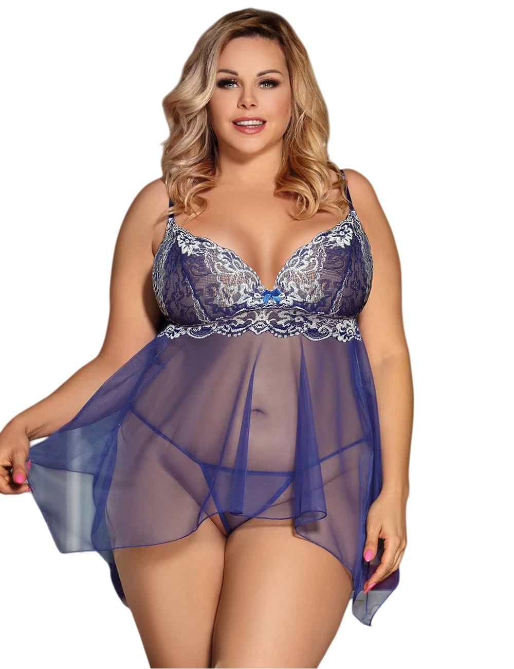 Sexy lingerie set, featuring a blue sheer mesh chemise and matching thong.-R80486