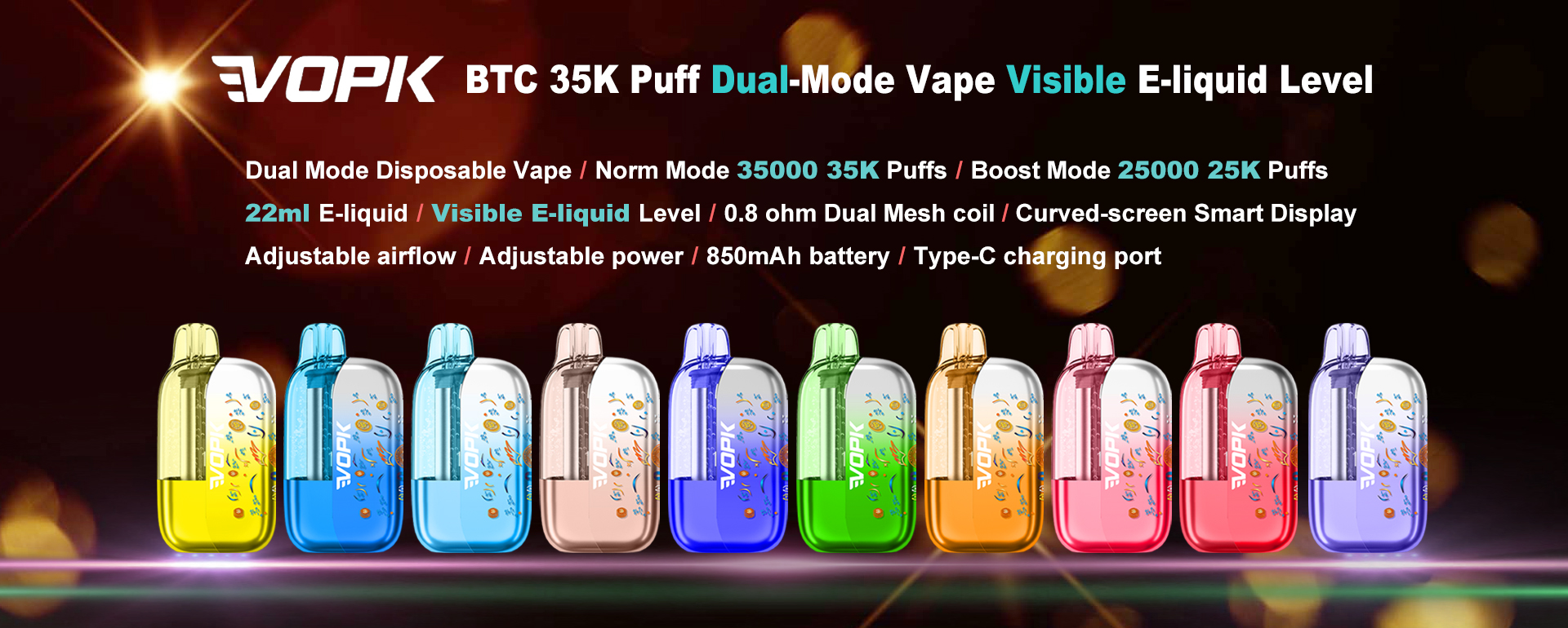 VOPK&nbsp;BTC&nbsp;35000 35K Puff 25000 25K Dual Mode Disposable Vape 22ml Visible E-liquid Level