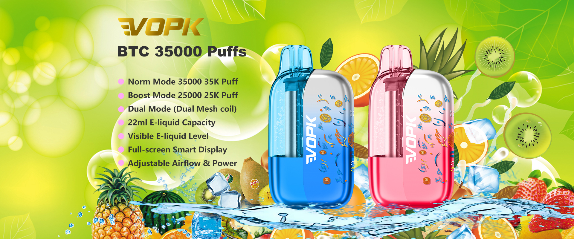 VOPK BTC 35K Puff Dual Mode Disposable Vape Adjustable Airflow Power With Curved Smart Display