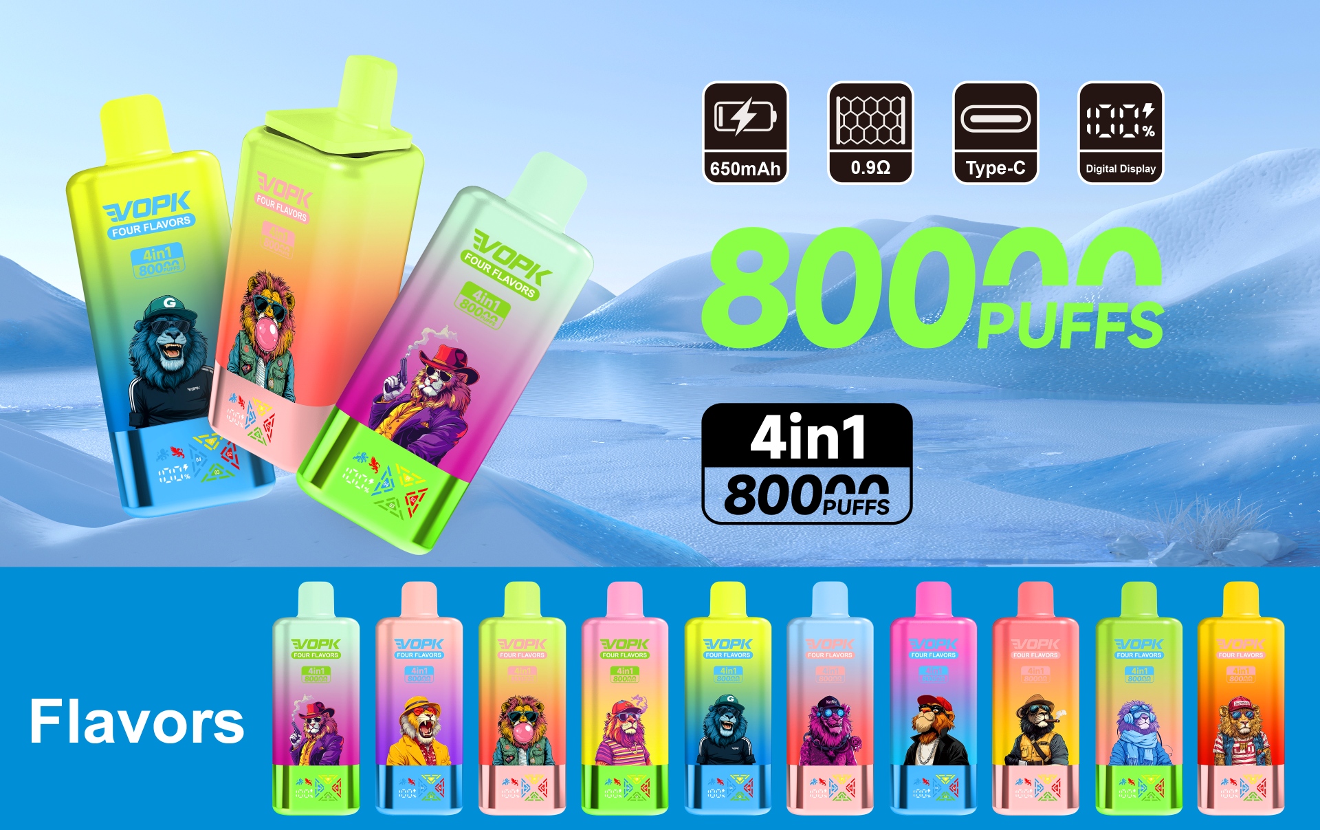 VOPK Four 4in1 Flavors 80000 Puffs Disposable Vape Mesh Coil vaper device Long-lasting 