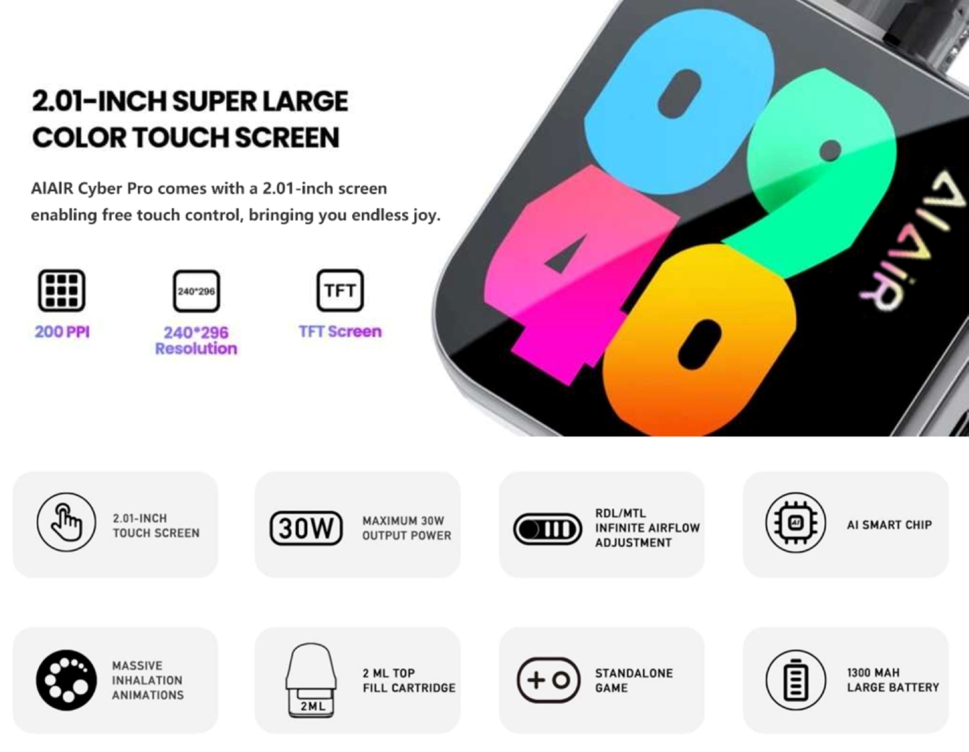 AlAlR Cyber Pro AI Vape kit 30W MOD Replaceable Refillable Cartridge POD Touchscreen Smart Display