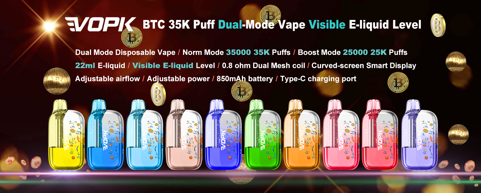 VOPK&nbsp;BTC&nbsp;35000 35K Puff 25000 25K Dual Mode Disposable Vape 22ml Visible E-liquid Level