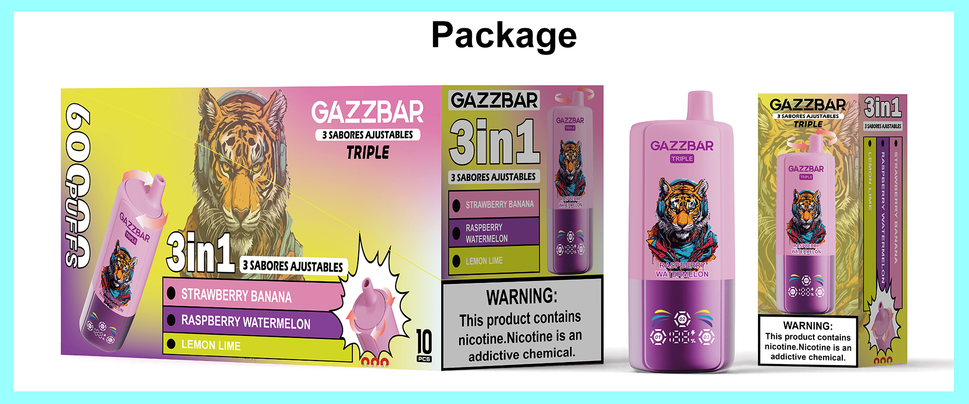 Gazzbar Triple 60K puff 3 flavors in 1 60000 puffs disposable vape with LED smart display vaper pen