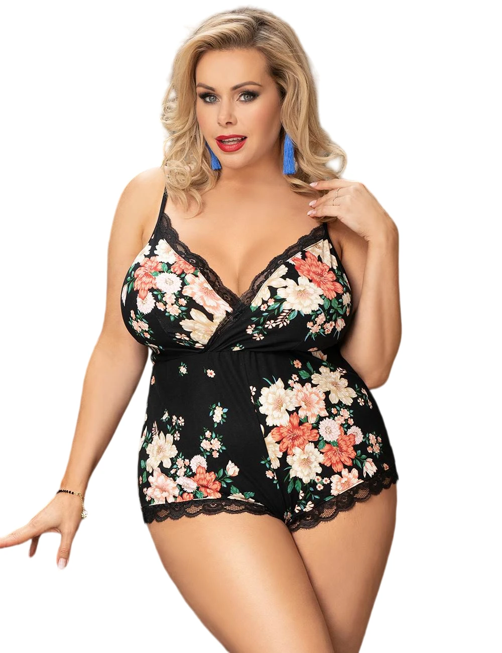 Pajamas & Sleepwear, Sexy Lingerie Hot Sale, Plus Size Black Eyelash Lace Sexy Gartered Lingerie-R80963