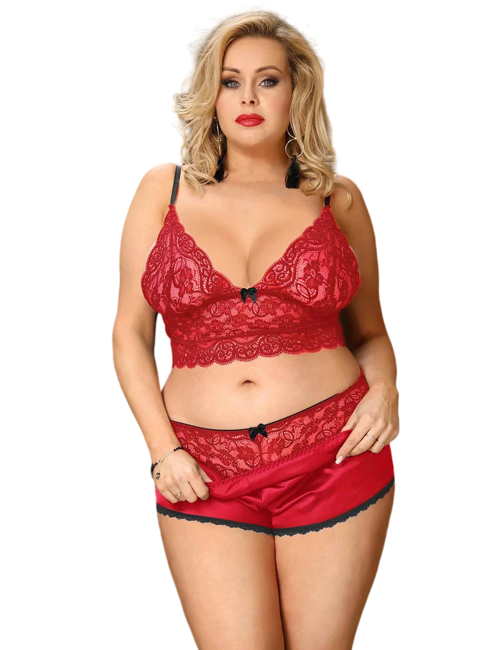 Pajamas & Sleepwear, Sexy Lingerie Hot Sale, Plus Size Black Eyelash Lace Sexy Gartered Lingerie-R80900