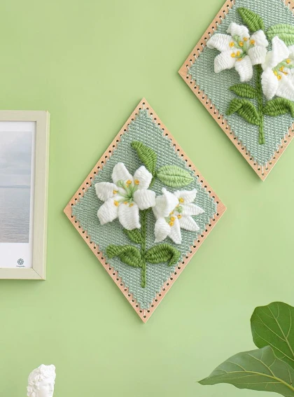 Handmade Crochet Lily Flower Wall Art | Boho Home Decor | Framed Textile Wall Hanging
