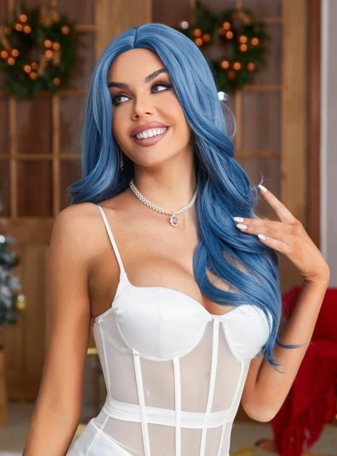 100% Human Hair Virgin Hair Long Wavy Blue Wig for Women