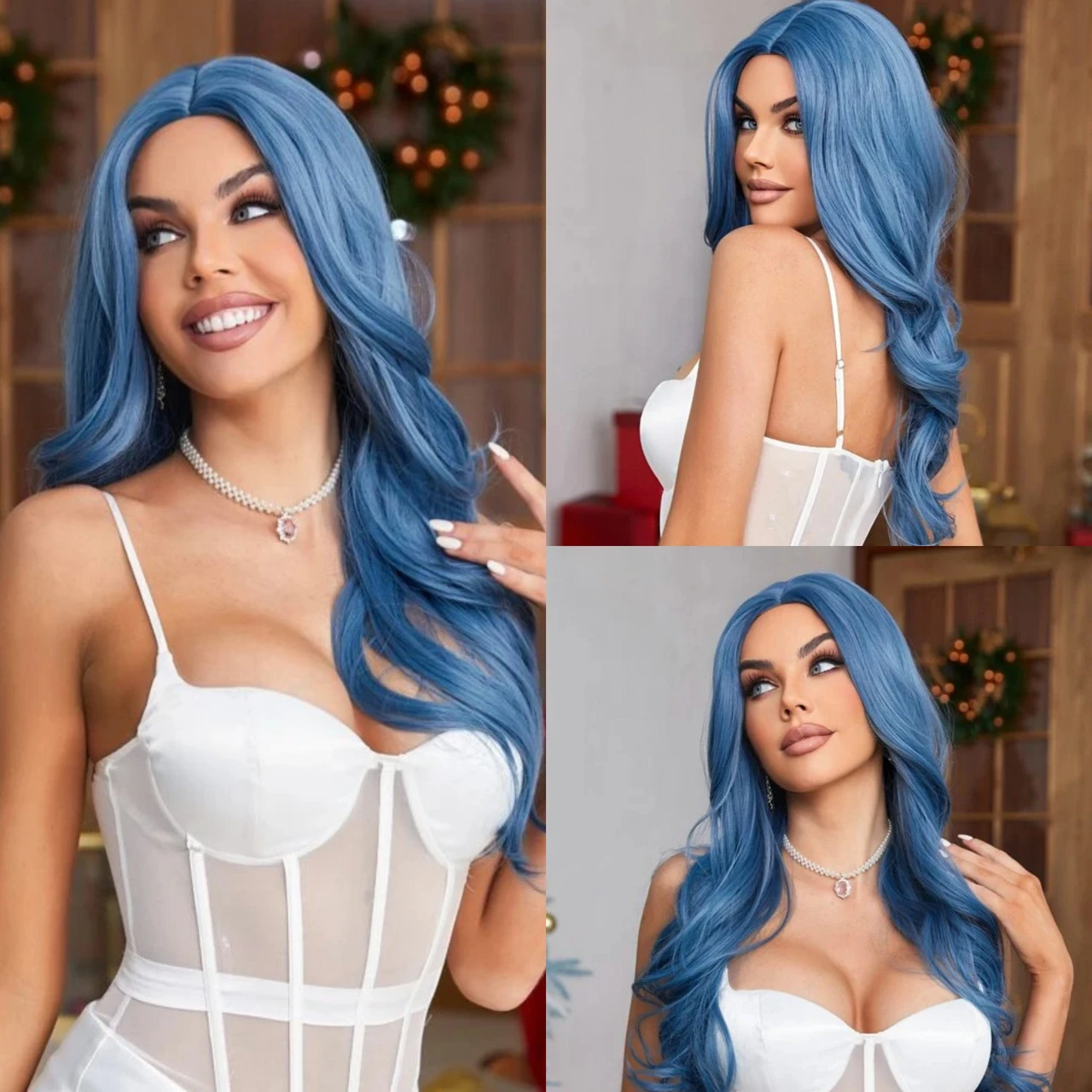 100% Human Hair Virgin Hair Long Wavy Blue Wig for Women