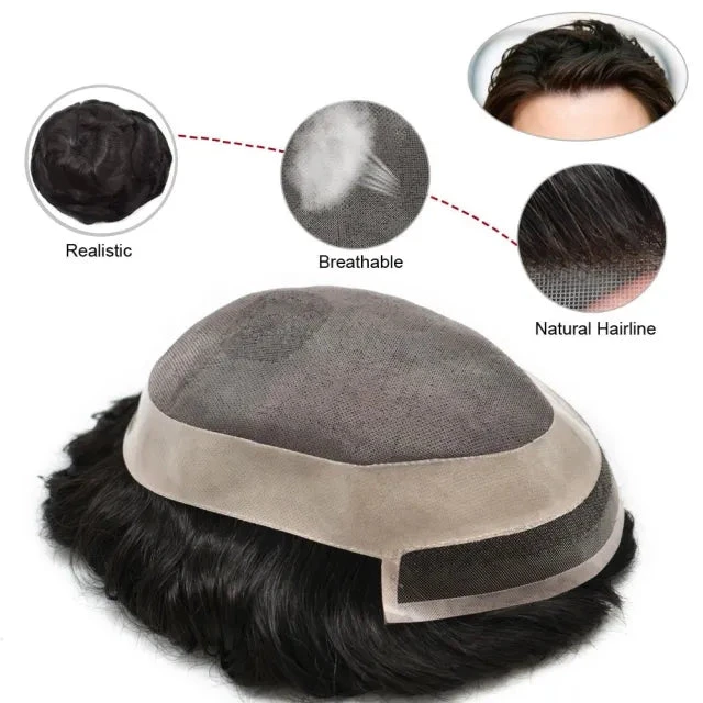 100% Human Hair Mens Toupee P1-3-5 Fine Mono Human Hair Natural Hairpiece