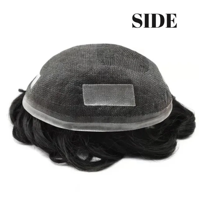 100% Human Hair Mens Toupee Mono Full Lace Human Wigs Toupee With 4 Tape Tabs Poly Coated