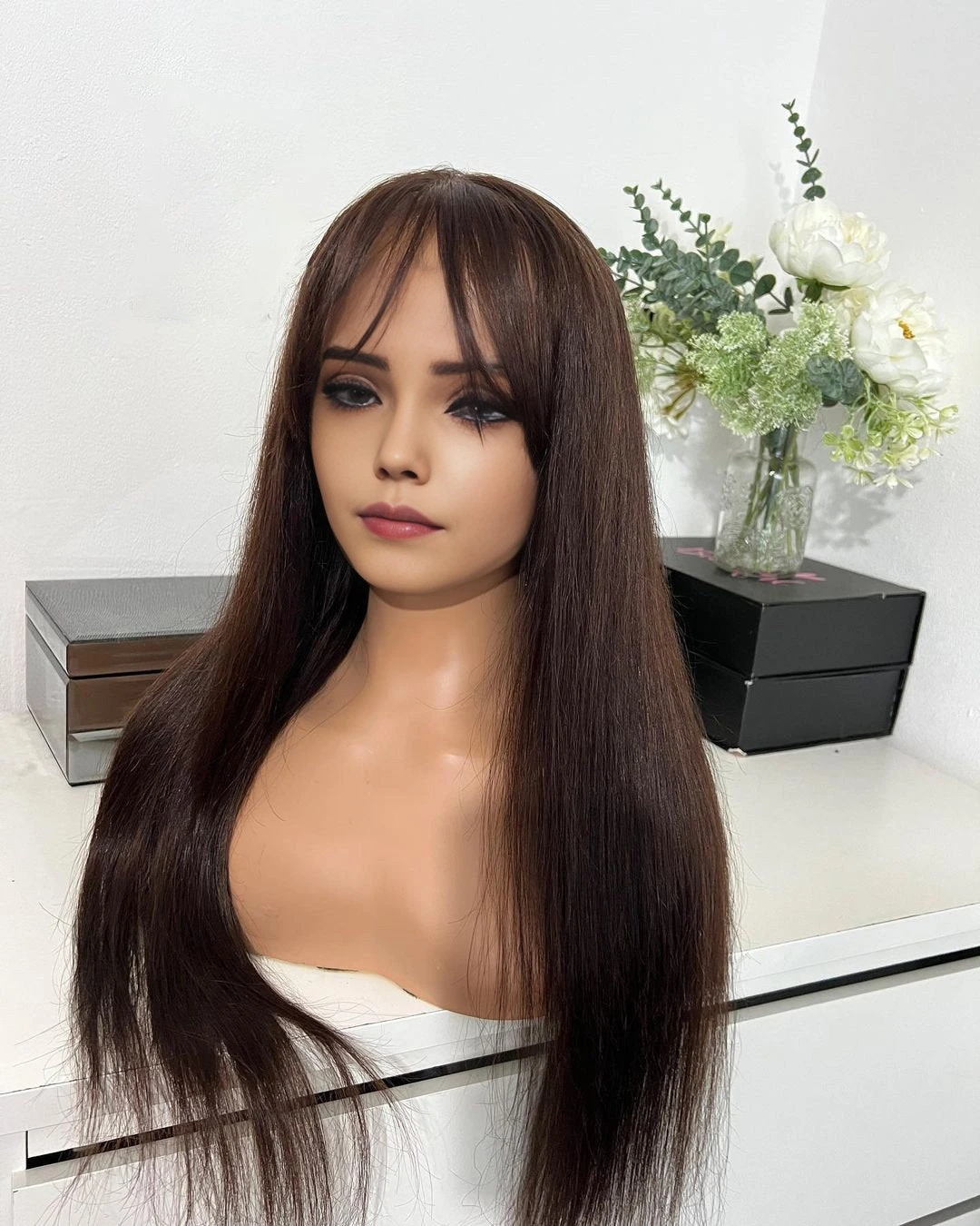 100% Human Hair Long Wigs with Bangs Real Human Hair, Dark Brown Mix Rooted & Dark Warm Brown