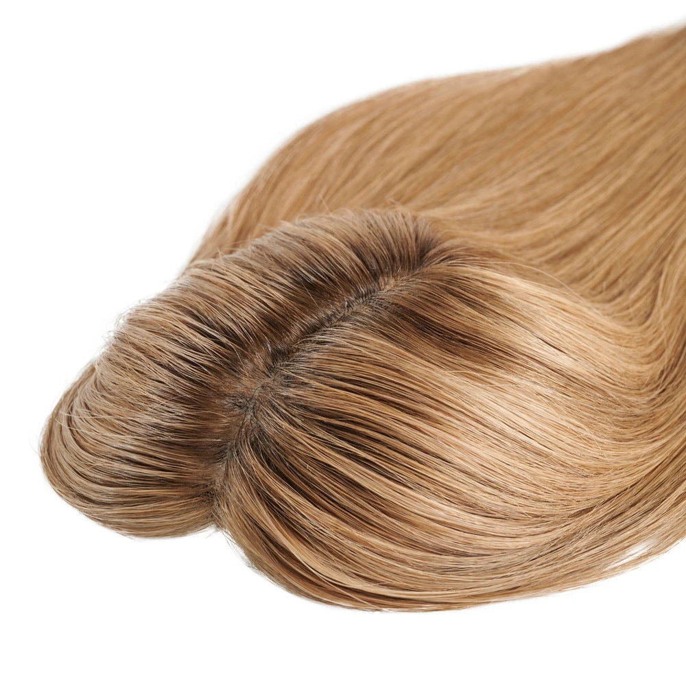 100% Human Hair Blonde Topper, Dark Brown On Top Of Head, Natural Hairline For Women