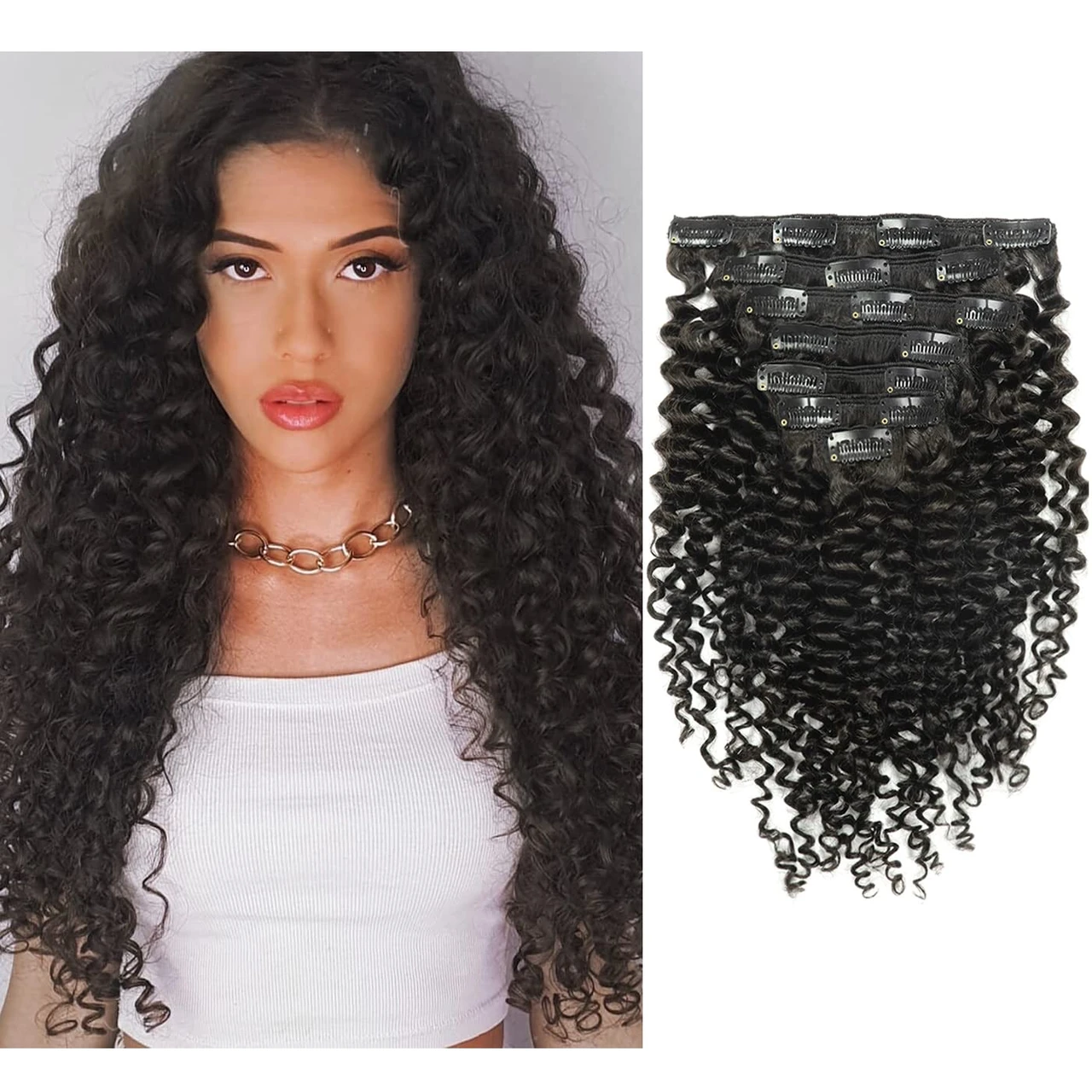 100% Human Hair 7 PCS Set Clip in Curly Extension Invisible Hair Strand