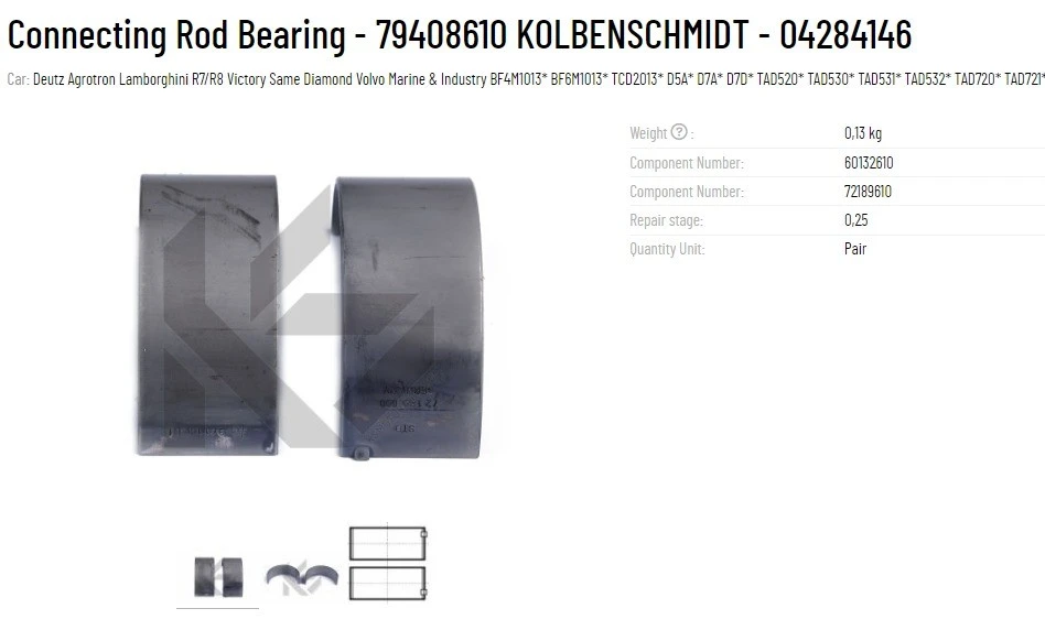 Connecting Rod Bearing 79408610 04284146 For Deutz BFM1013 TCD2013 D7D TAD520 TAD530 TAD531 TAD532