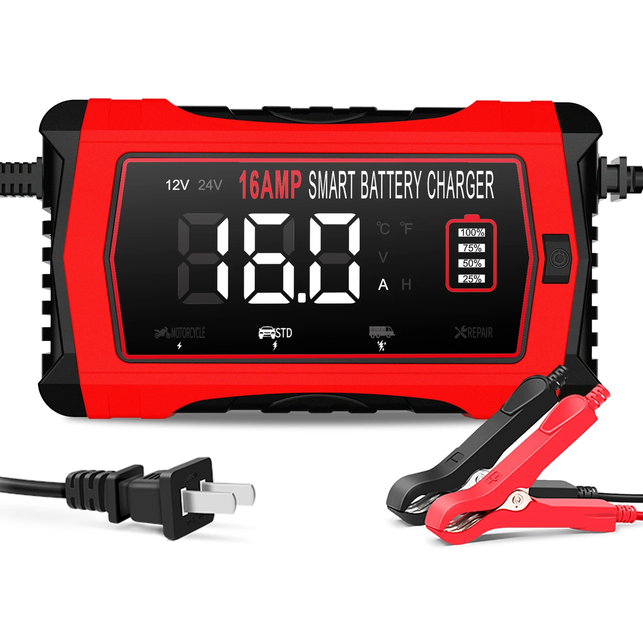 Haisito 16-Amp Smart Battery Charger (6V/12V/24V), Fully Automatic Trickle Charger Maintainer & Desulfator for Car Boat RV - Supports Lithium LiFePO4, AGM, Gel, Deep Cycle Lead-Acid Batteries